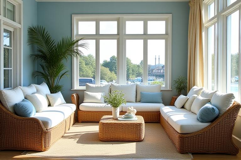 Bright airy sunroom with coastal decor