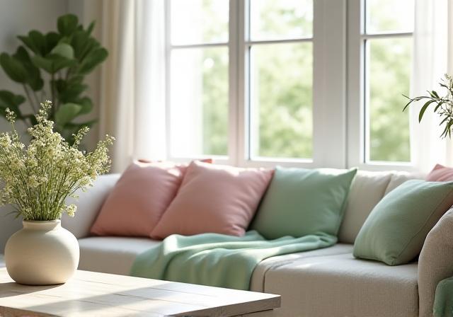 Soft pastel living room with floral accents