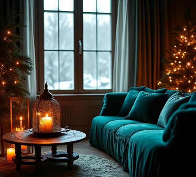 Moody winter living room with fire and festive lights